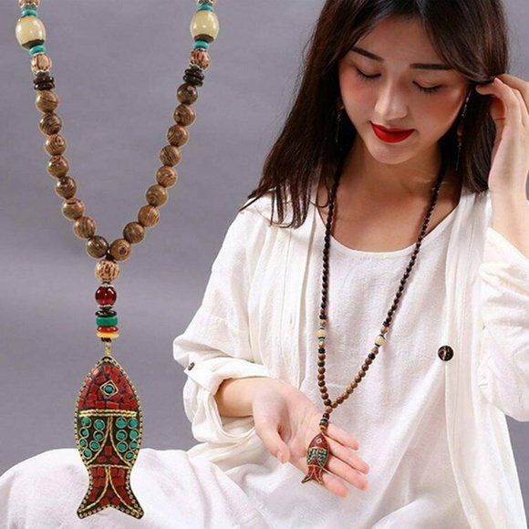 Handmade Unisex Mala Wood Beads Fish Necklace - Fashion Jewelry - Picture 1 of 11